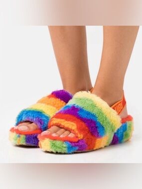 UGG AU Fluff Yeah Cali Collage Rainbow Sheepskin Fur Slippers Slides Pride Fuzzy